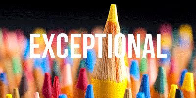 The tops of numerous coloured pencils. One yellow pencil sits higher than the rest. The word 'Exceptional' is written in the middle of the photo.